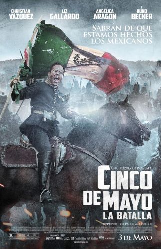 Cinco de Mayo movie poster: A man holds a Mexican flag while riding horseback