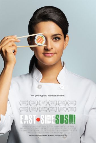 East Side sushi film poster: a woman wears a chef's uniform and holds a piece of sushi between two chopsticks  in front of her face