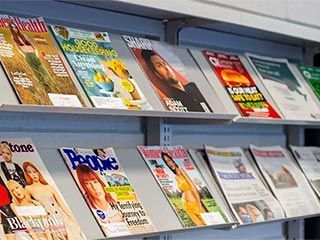 Magazines on library shelves