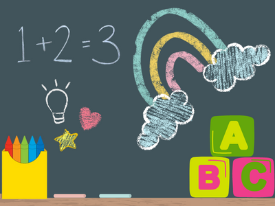 chalkboard with rainbow, abc blocks, numbers and crayons