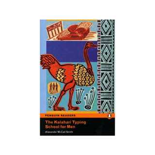 A blue book cover with a typewriter on a desk and an ostrich. The bottom of the cover reads Penguin Readers The Kalahari Typing School for Men Alexander McCall-Smith.