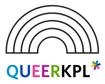 Logo for QueerKPL, including a black and white rainbow and colourful QueerKPl text.