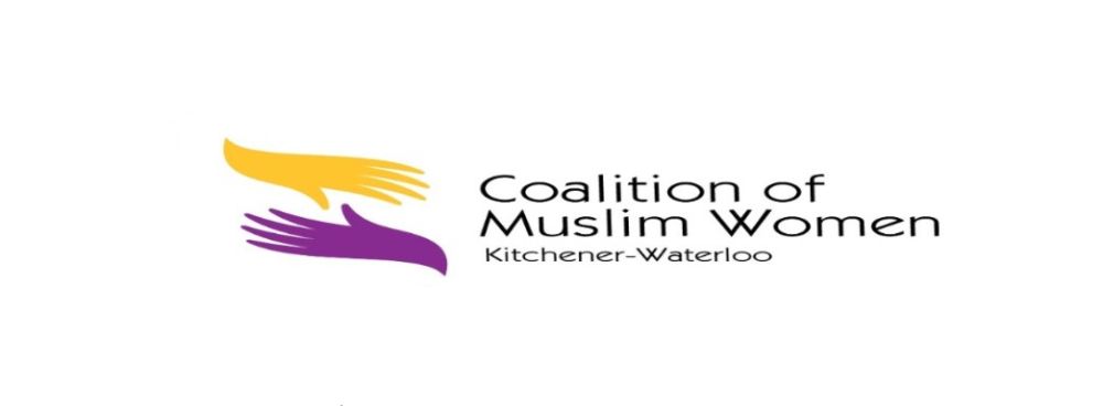 Coalition of Muslim Women of KW logo  a yellow and a purple hand 