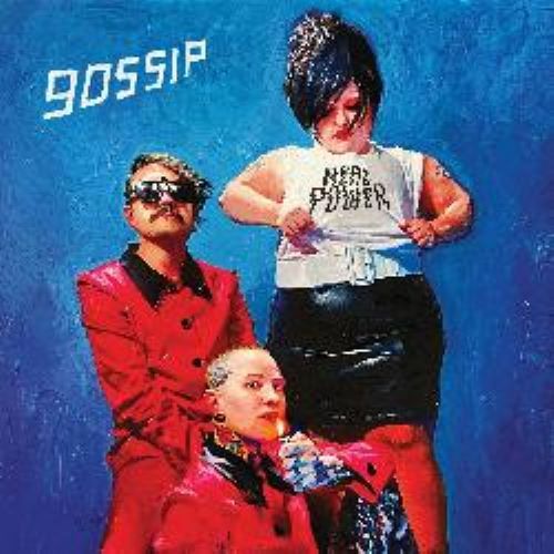 Cover art for The Gossip's Real Power album. Shows a painting of the three band members. All members are wearing a piece of red clothing. 