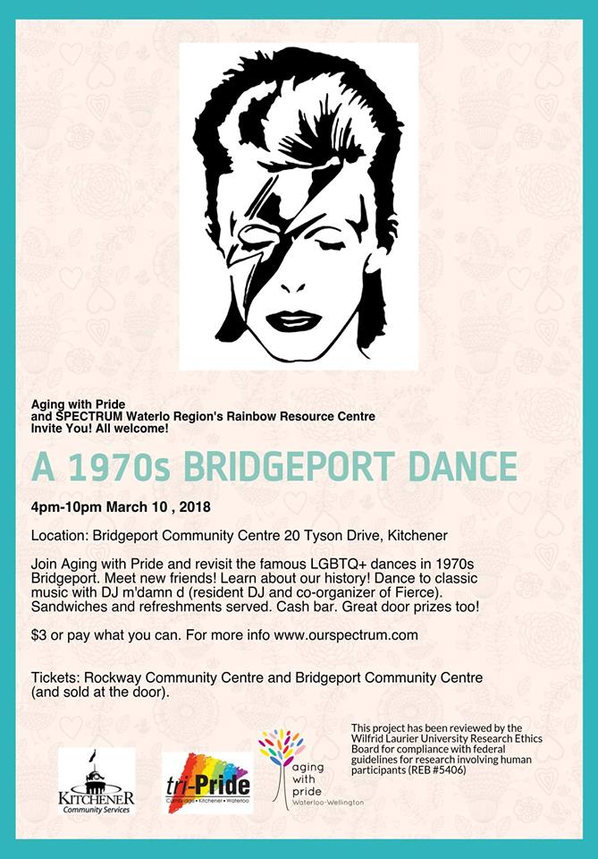 A poster for a 2018 event that recreated the legendary Bridgeport Dances. The title is "A 1970s Bridgeport Dance" and there is a black and white drawing of David Bowie as Ziggy Stardust at the top.