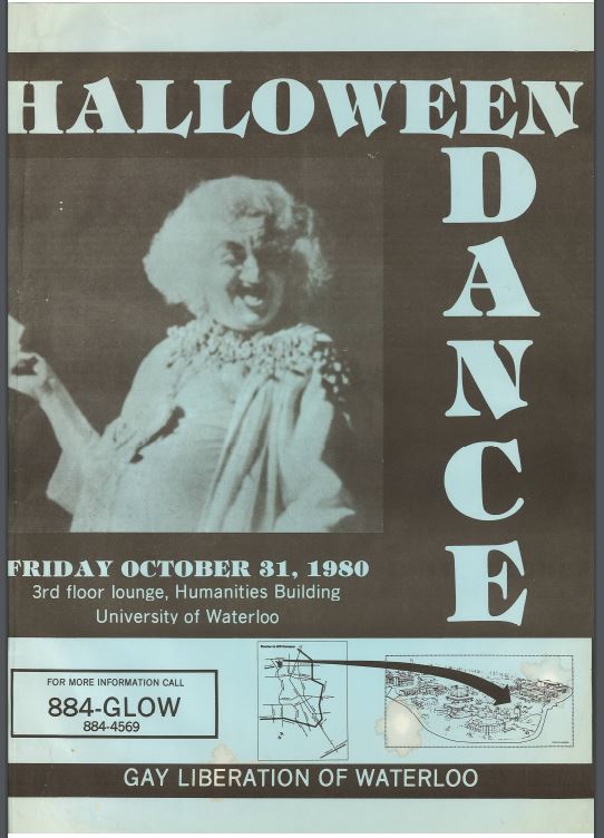 A poster for a halloween dance held by GLOW in 1980. The poster features an image of a person dancing in a witch-like costume.