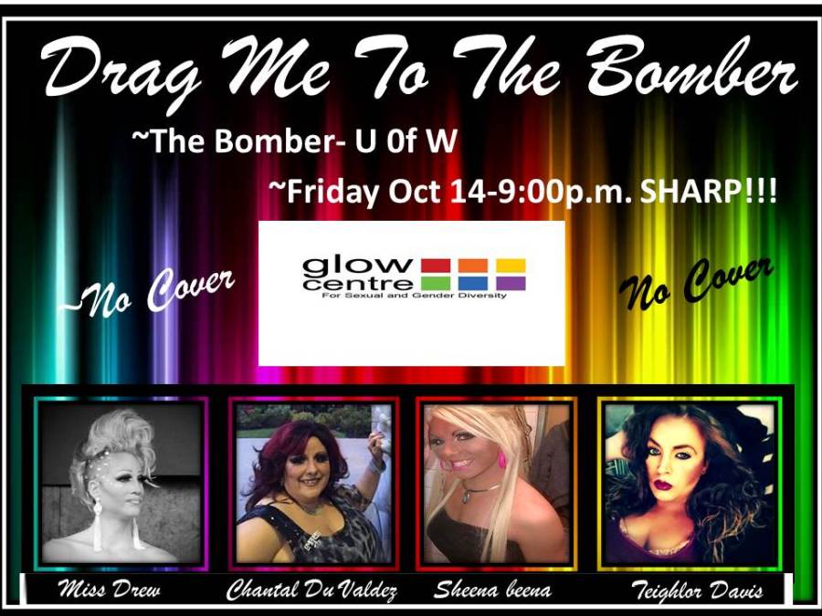 A flyer for a drag show called "Drag Me To The Bomber" from 2013. Featuring photos of the drag performers Miss Drew, Chantal DuValdez, Sheena Beena and Teighlor Davis.