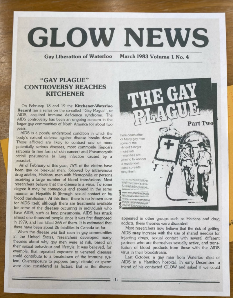 A newsletter titled "Glow News" from March 1983. A headline reads "Gay Plague" Controversy Reaches Kitchener.
