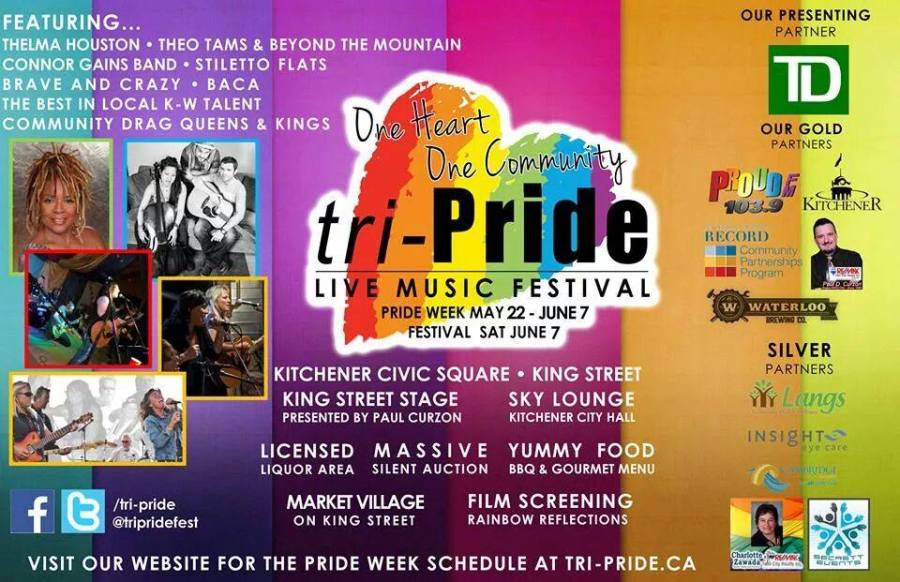 A rainbow flyer with the tripride logo in the middle. On the left are photos of the performers including Thelma Houston, Theo Tams and Beyond The Mountain, Connor Gains Band, Stiletto Flats, Brave and Crazy and Baca.