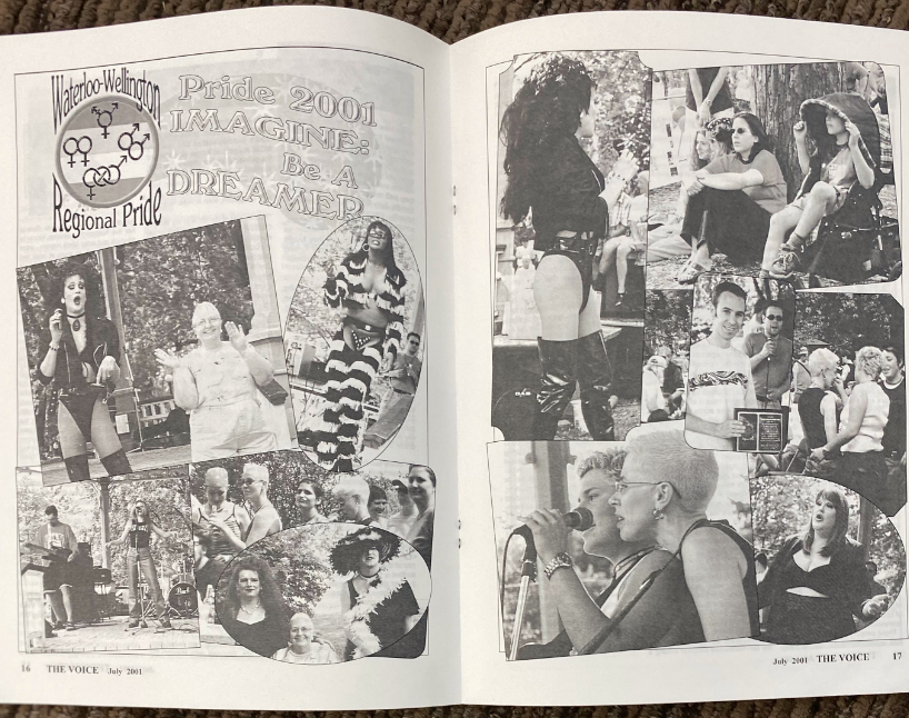 A photo of a page from the Voice magazine featuring a collage of photos from the 2001 Pride celebrations. Many photos are of performers, including Miss Drew (and her Mom), Victoria Parks and Sarah Dillon.