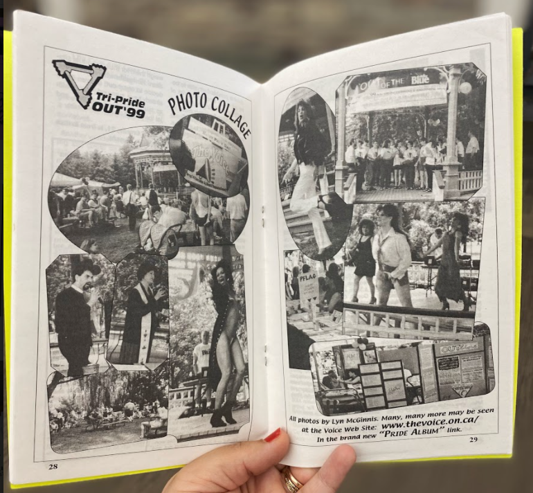 This is a photo of a spread from The Voice magazine, showing a collage of photos from the celebrations in Victoria Park in 1999.