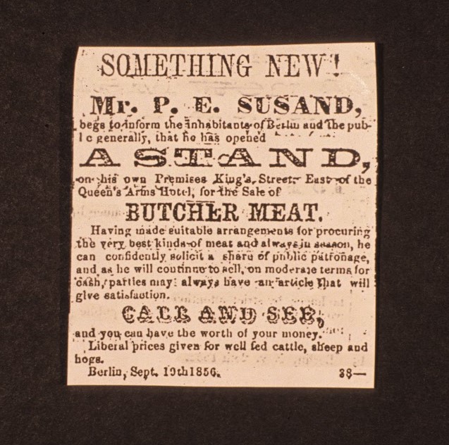 Newspaper advertisement for Susand butcher meat stand, 19 Sep 1865